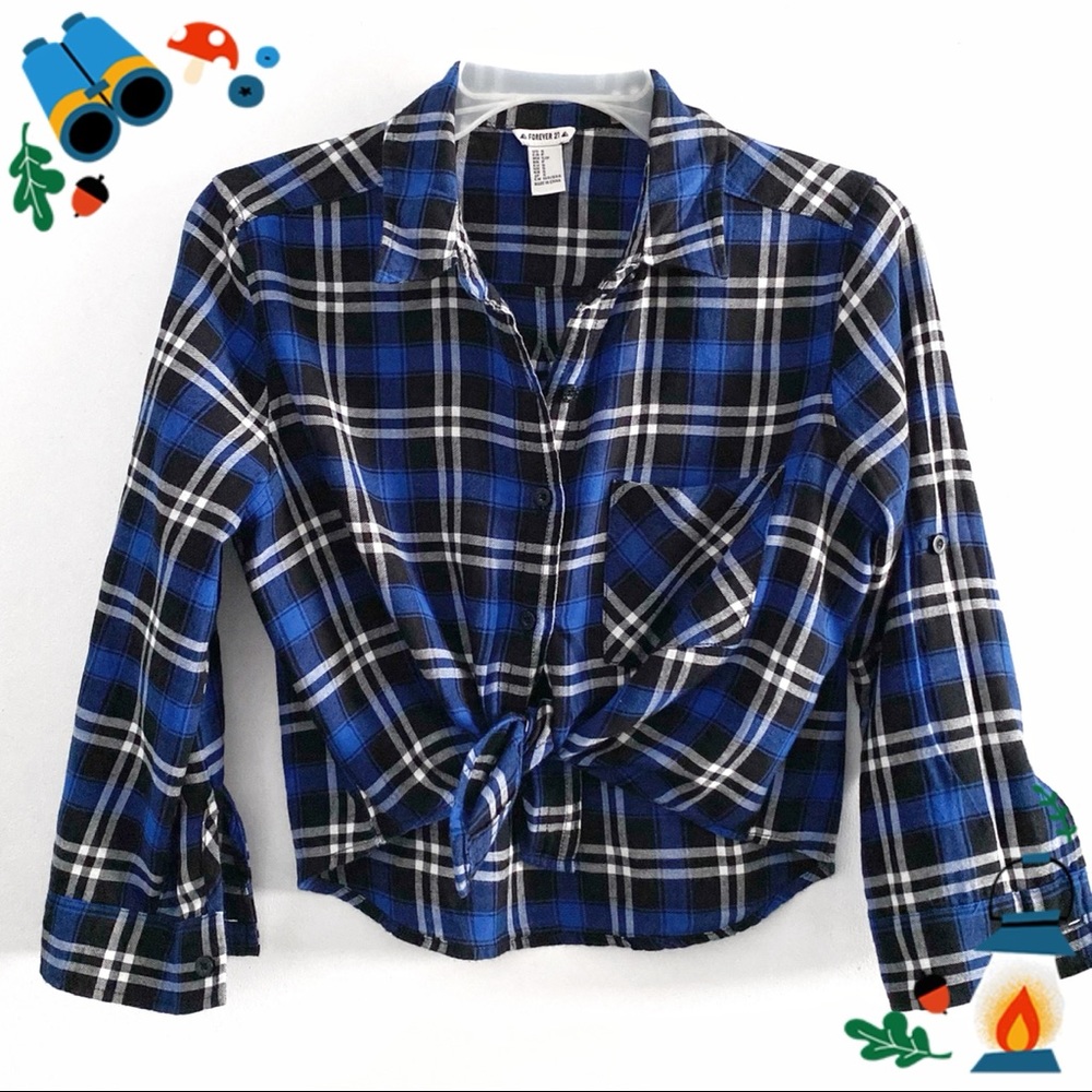 F21 cropped plaid button down shirt, blue black - Picture 1 of 8
